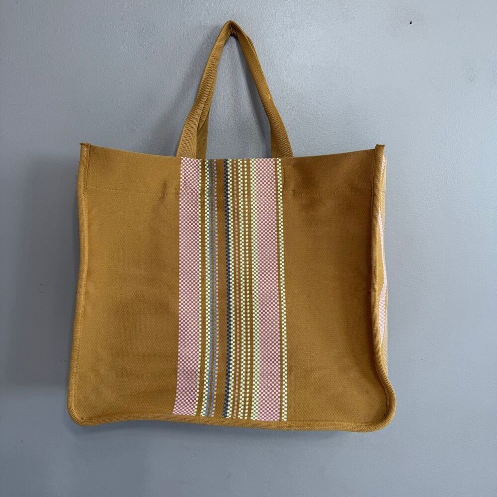 Aerie Large BeachāTote Mustard Yellow Multi Color Striped Accent Panel